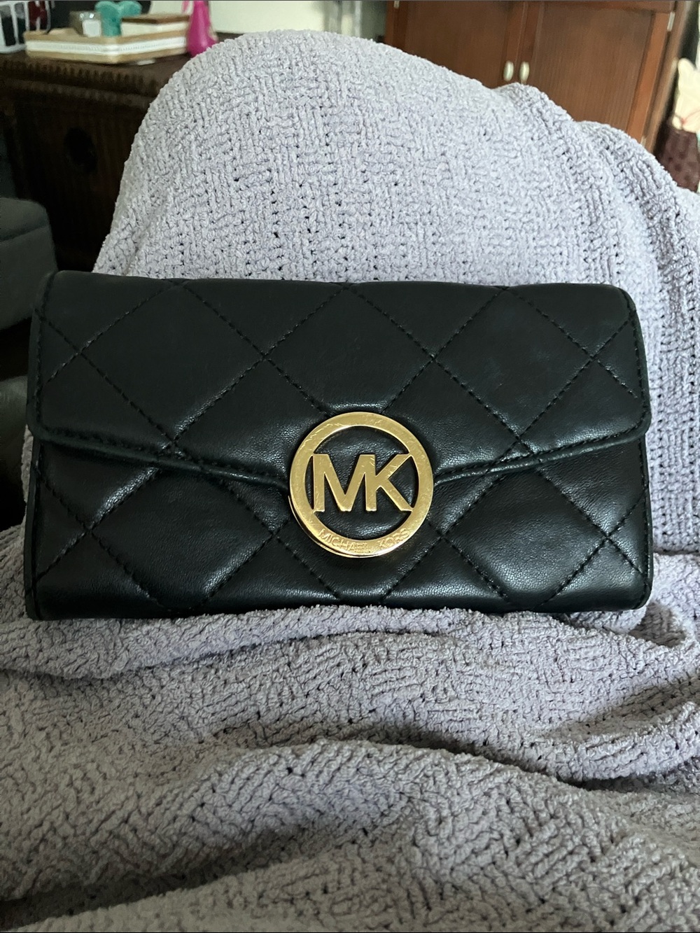 Michael Kors Black Quilted Leather Clutch with Gold MK Emblem